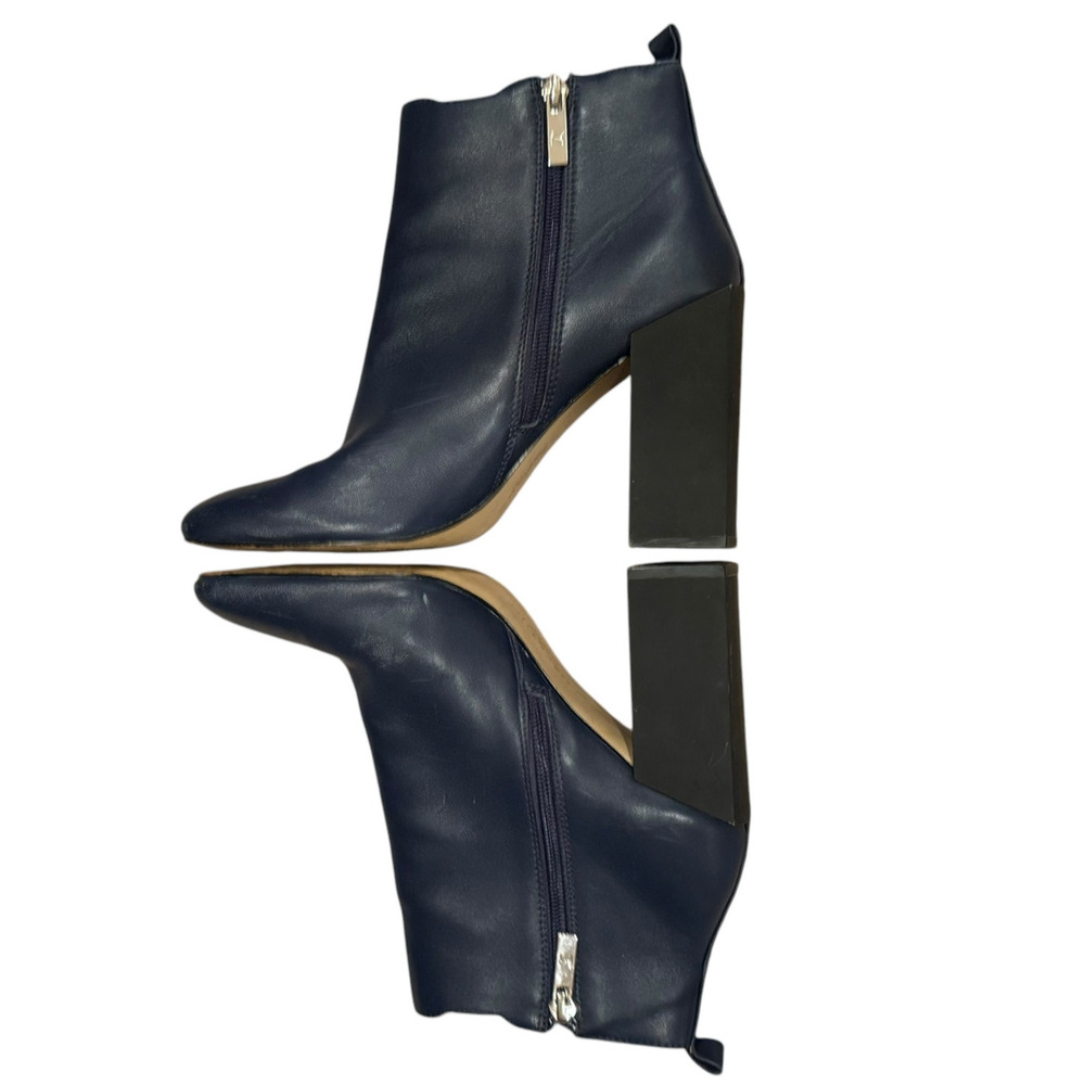 Halston Heritage Leather Boots Ankle Booties Block Heel Size 7.5 3.5'' Heel Navy - Picture 3 of 8